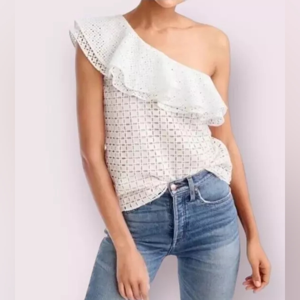 J. Crew White One Shoulder Ruffle Eyelet Blouse Top